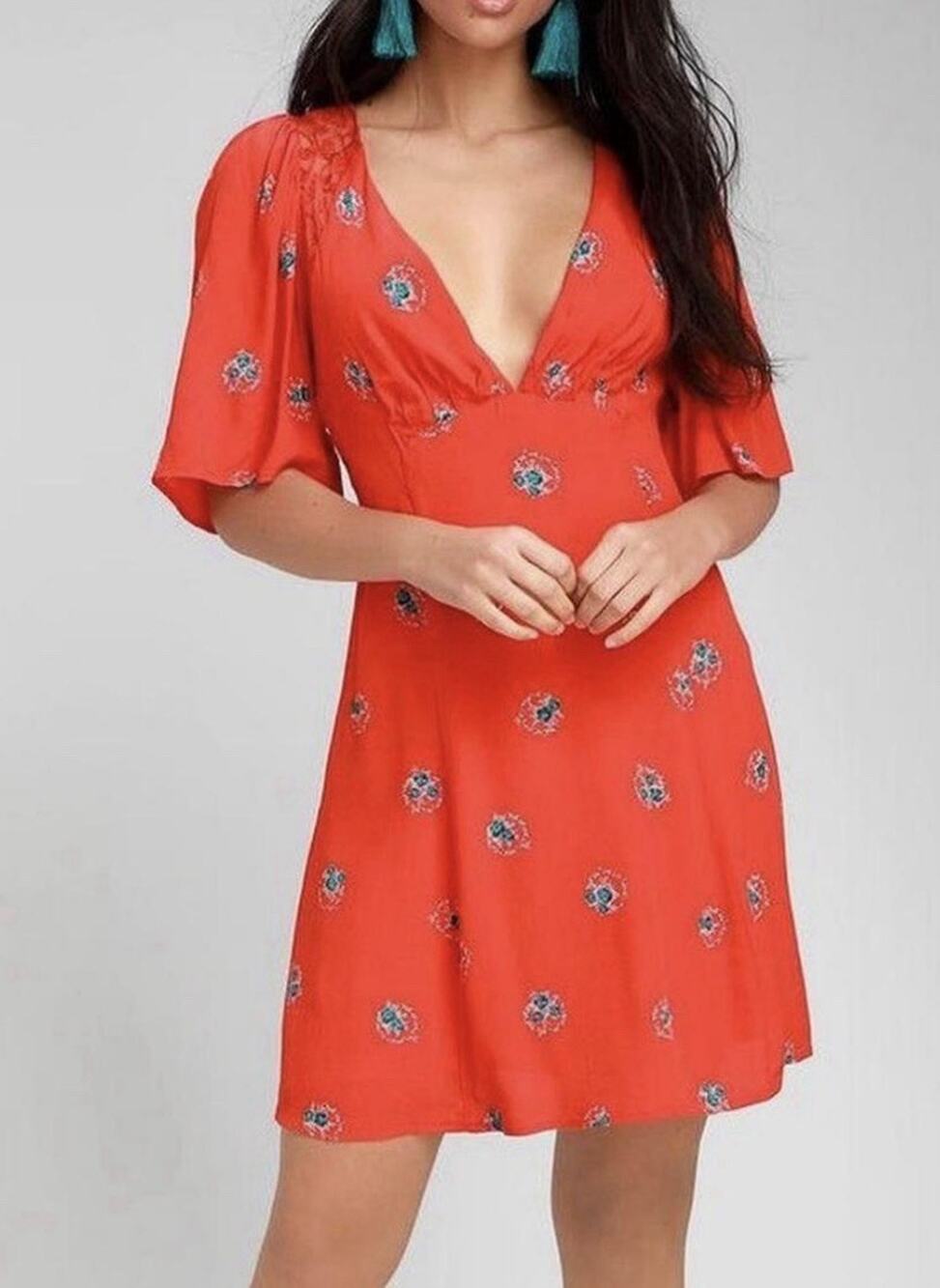Free People Mockingbird Coral Red Floral Y2K babydoll Mini Dress 12 A010335